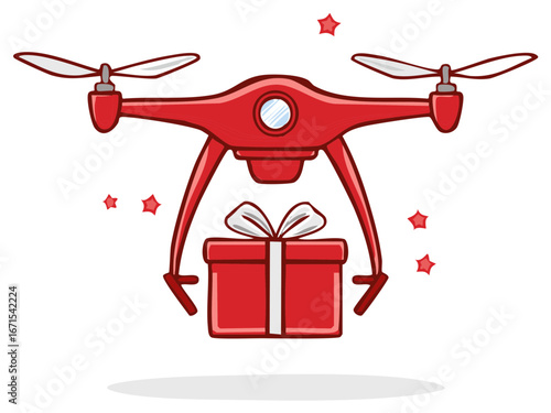 Red drone delivering a gift with festive stars floating around it