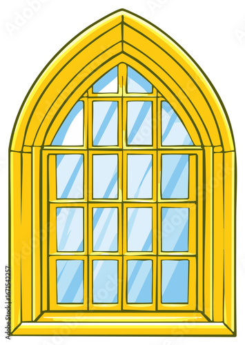 Gothic Arch Window Cartoon Illustration with Intricate Golden Frame and Blue Glass Panes