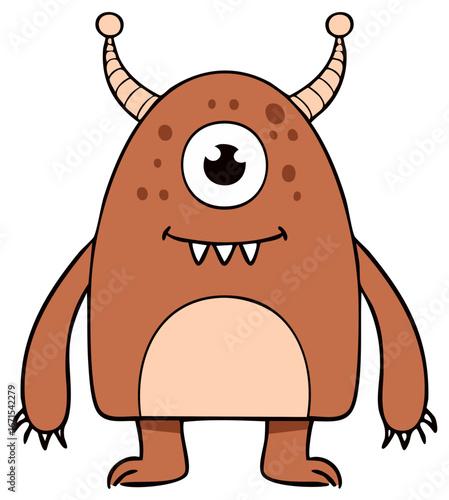 Cartoon One-Eyed Brown Monster with Horns Smiling Design Character