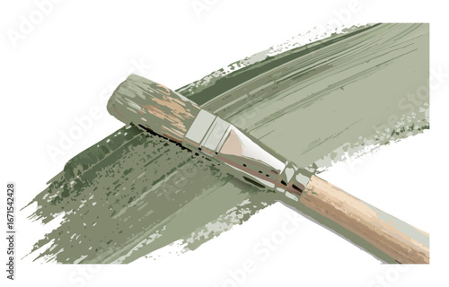 Flat paintbrush with wooden handle painting textured green stroke on white background for acrylic or oil paint smear design elements, templates, or decorative graphics..
