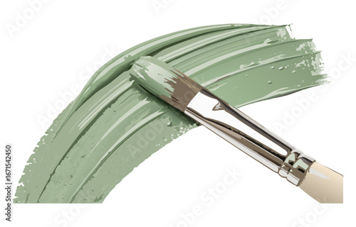 Flat paintbrush with wooden handle painting textured green stroke on white background for acrylic or oil paint smear design elements, templates, or decorative graphics..
