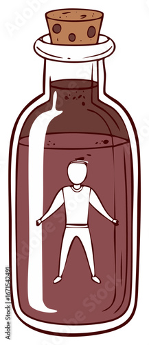 Stylized illustration of a person floating inside a sealed glass bottle filled with dark liquid