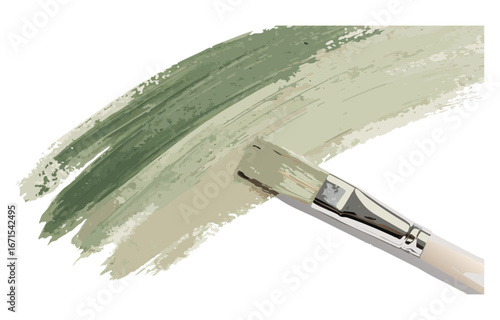 Flat paintbrush with wooden handle painting textured green stroke on white background for acrylic or oil paint smear design elements, templates, or decorative graphics..