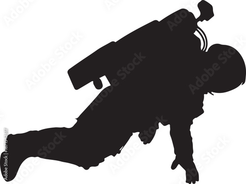 Black silhouette of a person in a diving suit with a scuba tank on their back scuba diver black and white