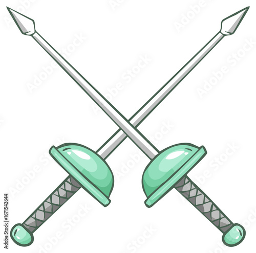 Two crossed foil fencing swords with green hilts and protective guards