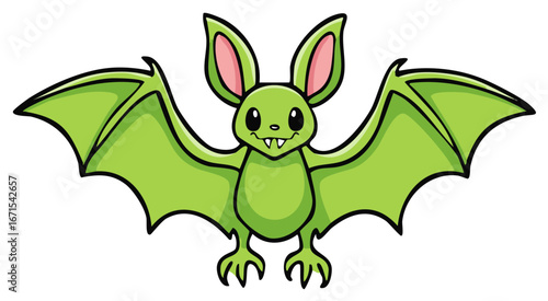 Cute green cartoon bat with fangs and spread wings, friendly smiling nocturnal animal illustration
