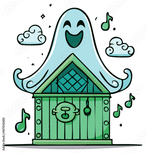 Cartoon Japanese Lantern with Happy Ghost, Music Notes and Clouds