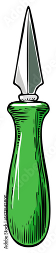 Sharp pointed awl or stiletto tool with a green handle vector illustration