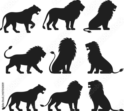 Lion and lioness silhouette vector set with walking, sitting, roaring poses, wild animal illustration collection for logo, tattoo, design, and decoration