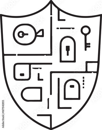Black outline shield icon with internal security elements and key protection lock