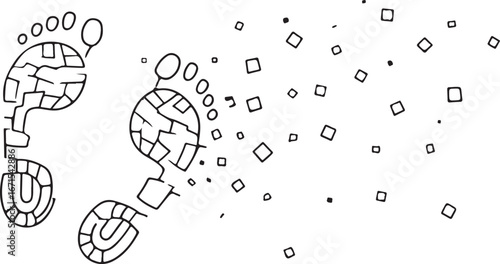 Black and white line drawing of footprints and scattered squares footstep walking