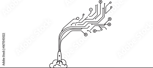 Black and white illustration of a rocket launching with circuit board lines extending upwards technology