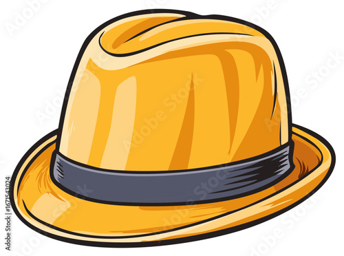 Vibrant yellow fedora hat with a dark band classic fashion accessory cartoon illustration