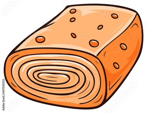 Cartoon sweet roll with orange frosting and scattered dots
