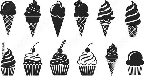 Set of ice cream cone and cupcake silhouette vector illustrations, sweet dessert icons for bakery, cafe, menu design, food decoration, and branding.