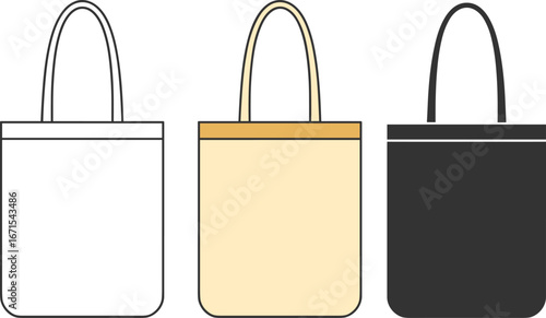 Set of tote bag vector illustrations in white, beige and black colors, eco friendly reusable fabric shopping design, blank packaging mockup template
