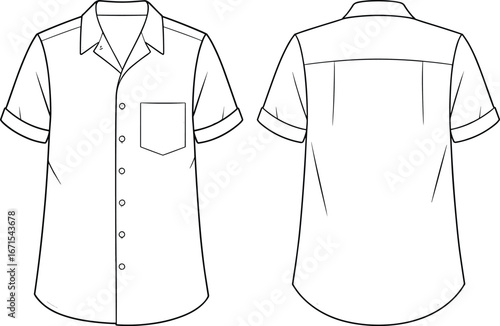 Short sleeve button up shirt flat fashion sketch with collar, pocket, rolled cuffs, back yoke, front and back vector template illustration