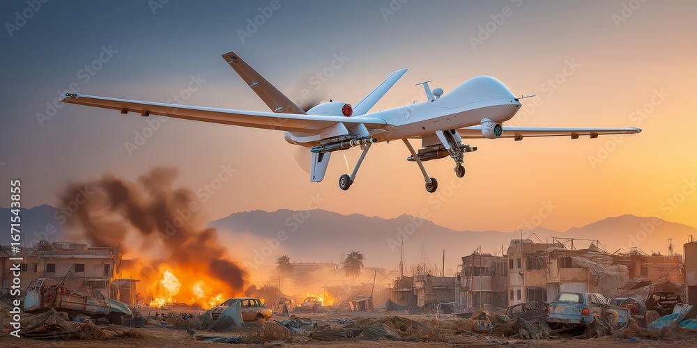 Fototapeta premium robot technology vehicle UAV concept. Drone flying over a devastated urban landscape at sunset.