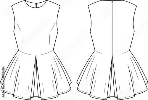 Sleeveless peplum top fashion flat sketch with round neckline, front pleat detail, back zipper closure, technical garment design vector template, apparel illustration