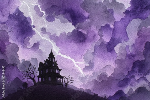 Haunted mansion on hill in watercolor spooky Halloween scene