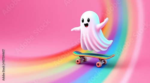 Happy ghost character skateboarding on a colorful rainbow ramp with joyful expression, white glowing cartoon figure floating above skateboard on pink background