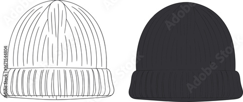 Winter beanie hat vector illustration in black and white outline style, knitted wool cap design, warm clothing accessory, fashion clipart for seasonal use.