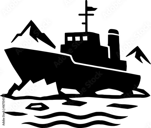 Icebreaker Ship in Arctic - Exploration Silhouette Vector With White Background 