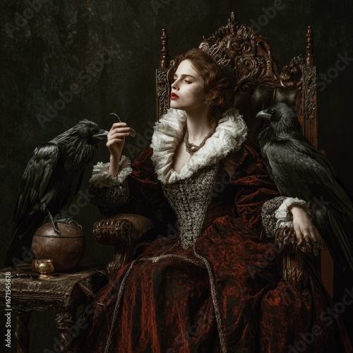 Regal woman in dark red gown, seated on ornate chair, with two ravens