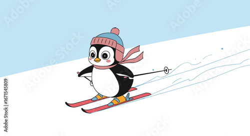 Adorable cartoon penguin skiing down snowy mountain slope, fun winter activity concept