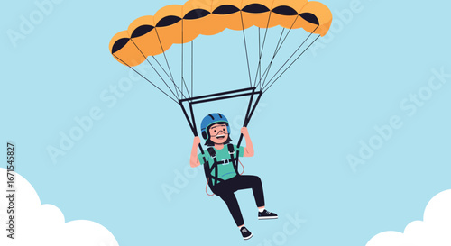 Joyful person enjoying a thrilling skydive adventure with vibrant orange parachute in the sky