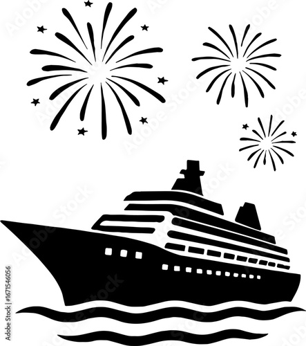 Modern Cruise Ship with Fireworks - Celebration Silhouette Design With White Background 
