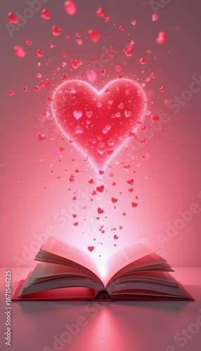 Open book with glowing heart and falling hearts in pink background  