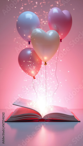 Open book with heart-shaped balloons floating above in pink glow  