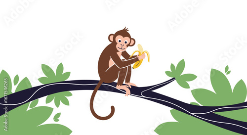 Playful monkey enjoying a banana on a tree branch, ready for fun and games