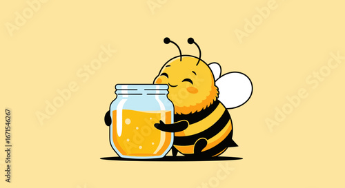 Smiling cartoon bee hugging jar of golden honey, perfect for branding and food design projects