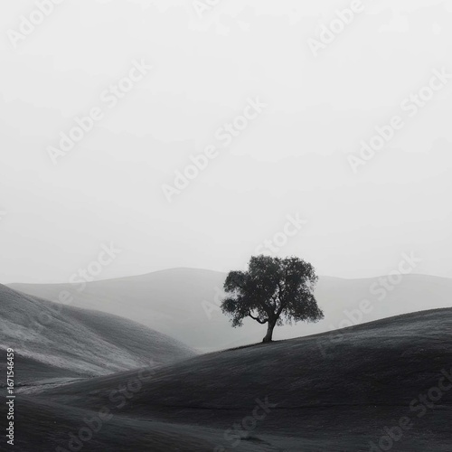 Single tree in foggy landscape