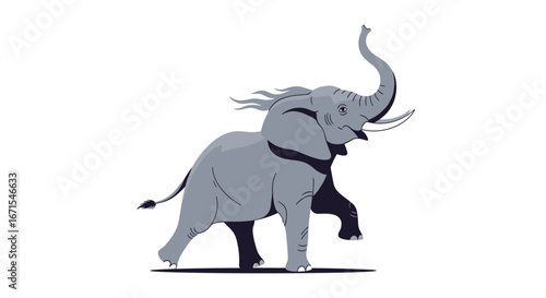 Joyful elephant illustration with trunk raised in cheerful display against a pristine white background
