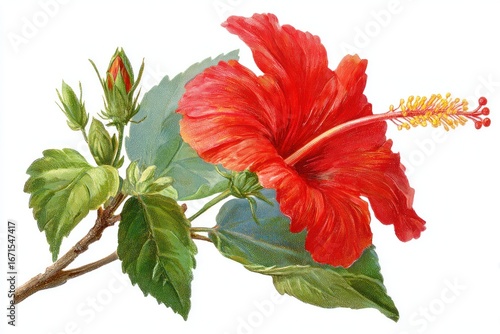 Red hibiscus blossom with buds and leafy branch