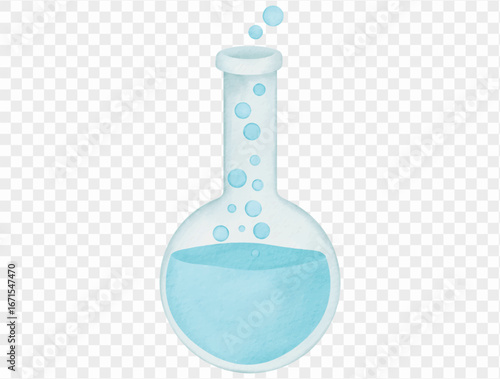 Watercolor chemistry beaker with bubbles for education, science, and laboratory experiment Vector.