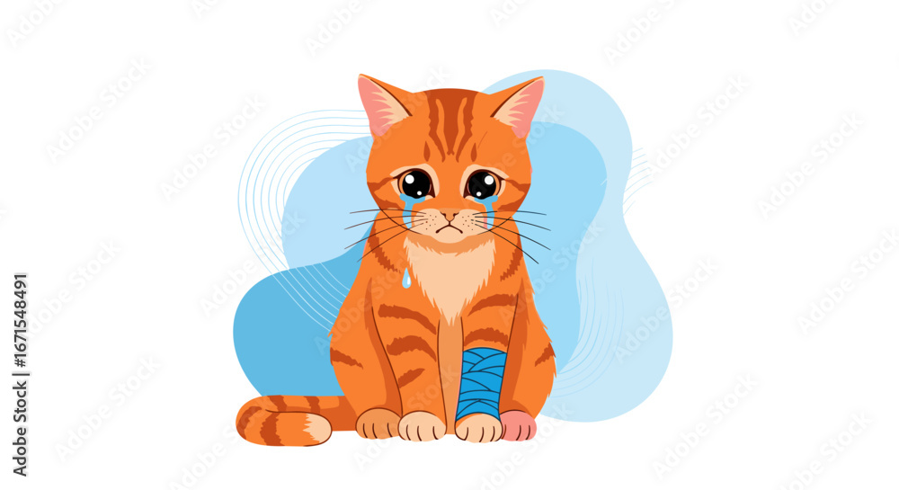 Fototapeta premium A sad injured orange tabby cat with a blue bandage on its leg crying tears of sadness illustration