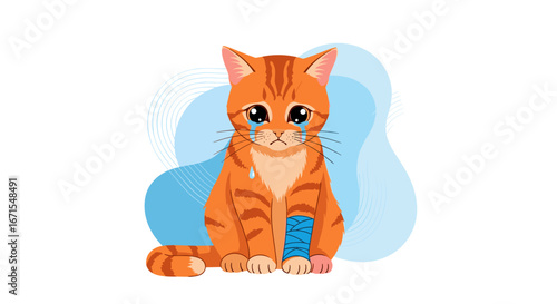 A sad injured orange tabby cat with a blue bandage on its leg crying tears of sadness illustration