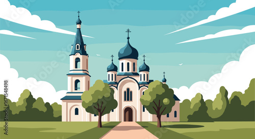 Beautiful orthodox church under a bright blue sky surrounded by lush green trees on a sunny day