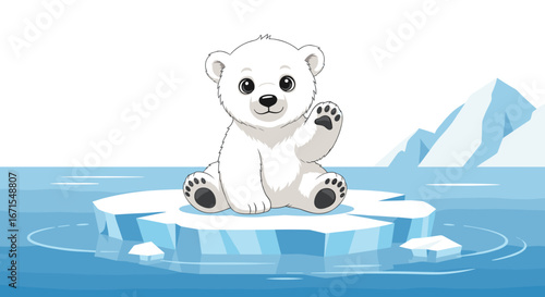 Cute polar bear cub sitting on an ice floe in the ocean waving hello illustration