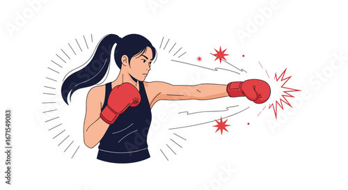 Powerful young woman delivers a strong punch wearing red boxing gloves during training session
