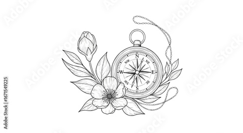 Vintage compass surrounded by delicate blossoms and lush greenery illustrating a journey of discovery and growth