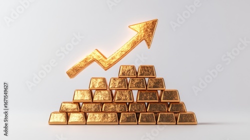 Gold bars stacked in a pyramid shape with a rising gold arrow Growth Success