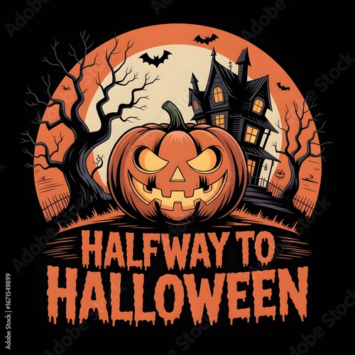 Halfway to Halloween Spooky Pumpkin Haunted House Illustration