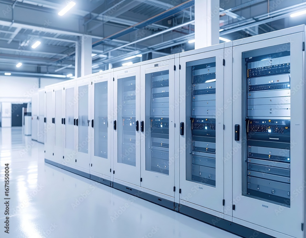 Naklejka premium Data Center Infrastructure: Server Racks in a Modern Facility