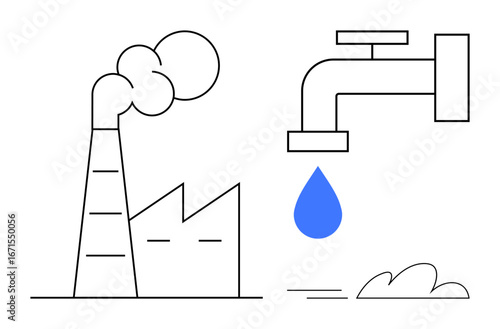 Factory with smoke emissions and water faucet releasing a single drop. Ideal for environmental issues, water conservation, industrial impact, sustainability, pollution, modern industry, simple flat