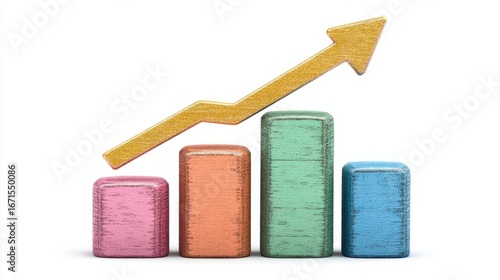 Colorful Wooden Bar Graph with Rising Gold Arrow Illustrative growth chart